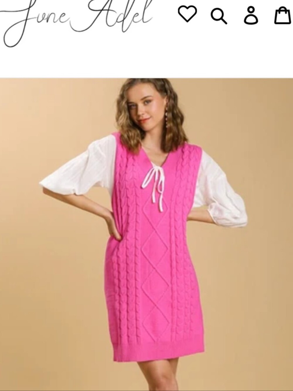 Umgee Bright Pink Cable V-Neck Sweater Dress in Pink